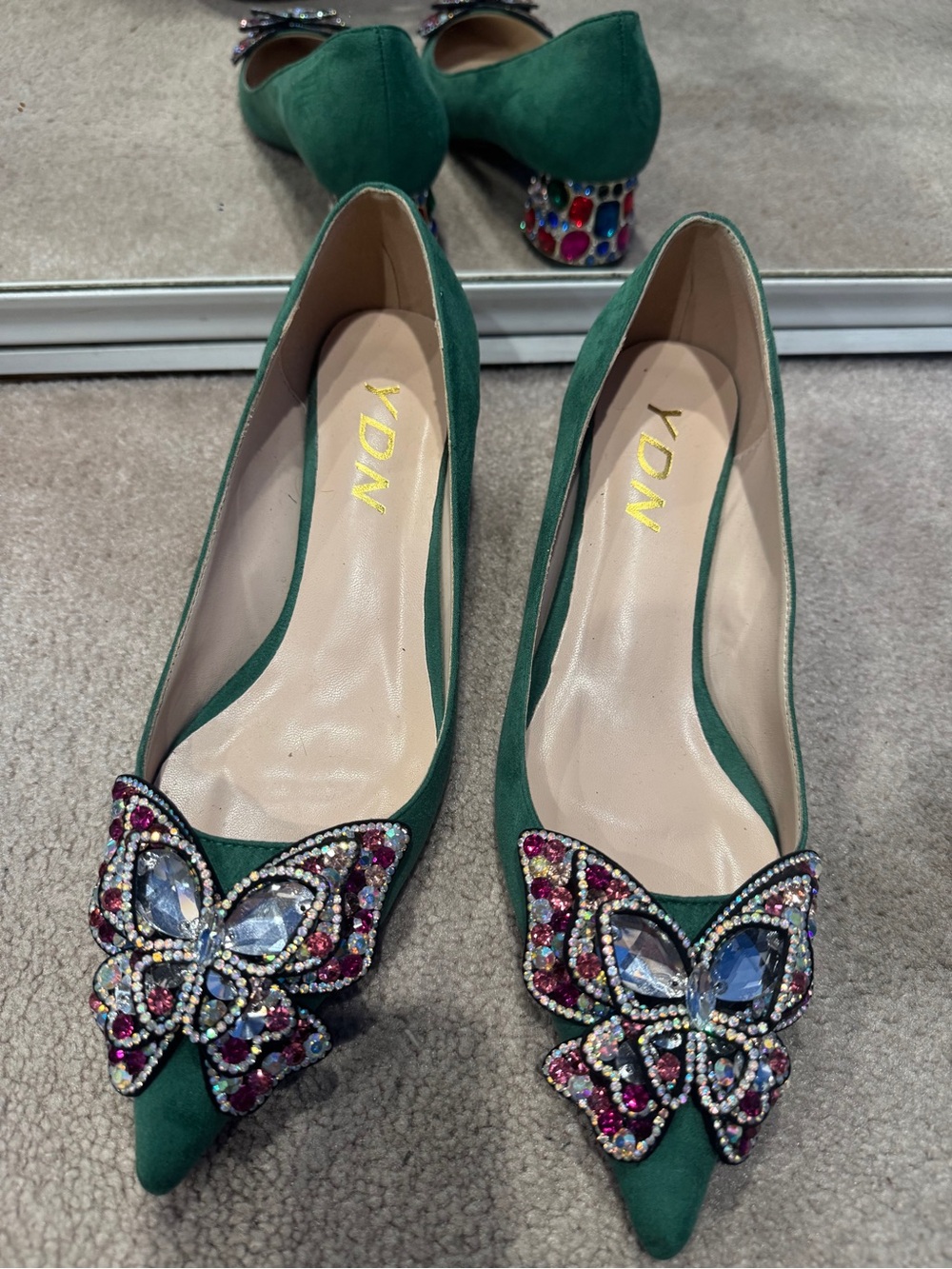 YDN Emerald Green Suede Pointed Heels with Jeweled Butterfly